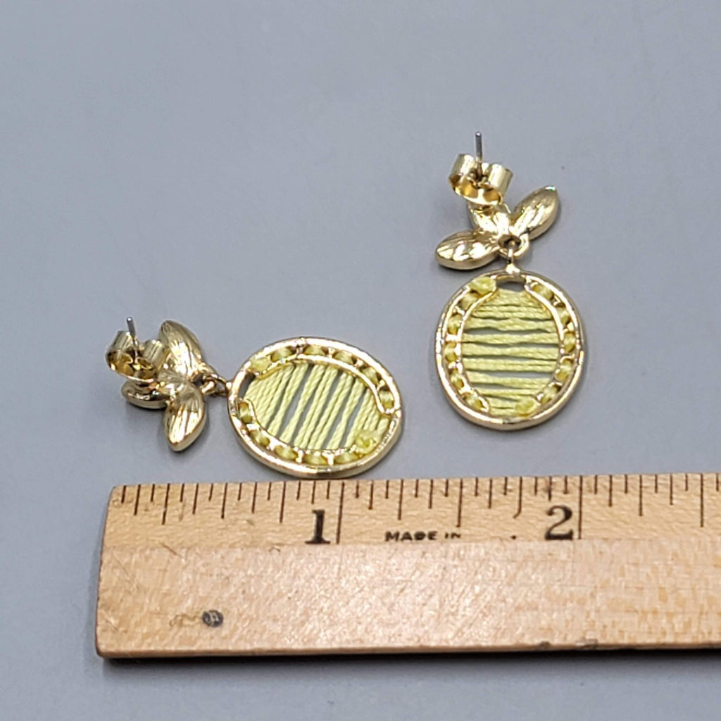 Pineapple Pierced Earrings Gold tone Green Rhinestone Yellow Thread Dangle 1.25"