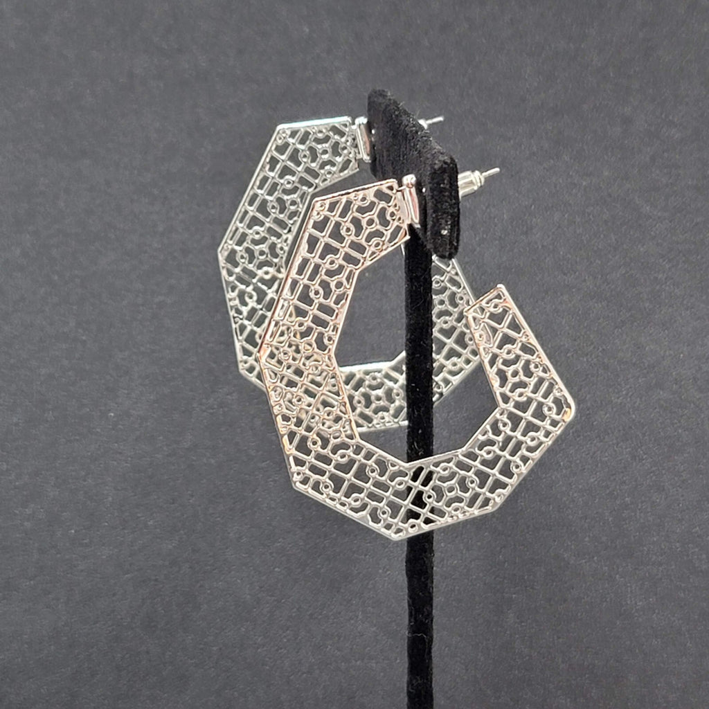 Pierced Earrings Silver tone Open Filigree Statement Hoops 2 1/8"