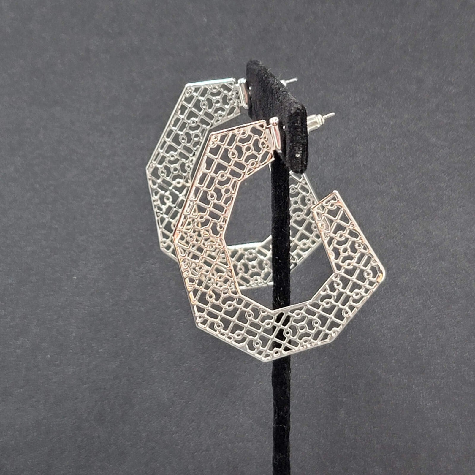 Pierced Earrings Silver tone Open Filigree Statement Hoops 2 1/8"