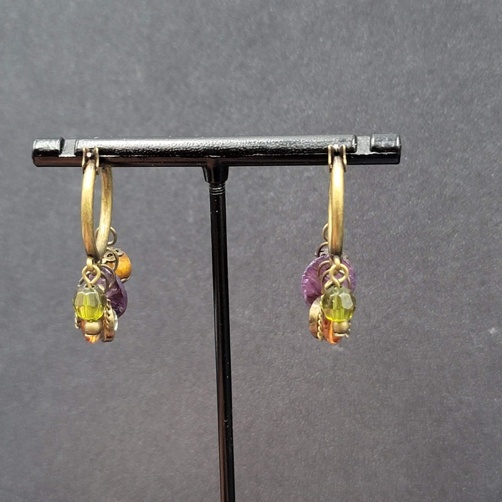 Pierced Earrings Green tone Green Orange Purple Beads Hoops 1.25"