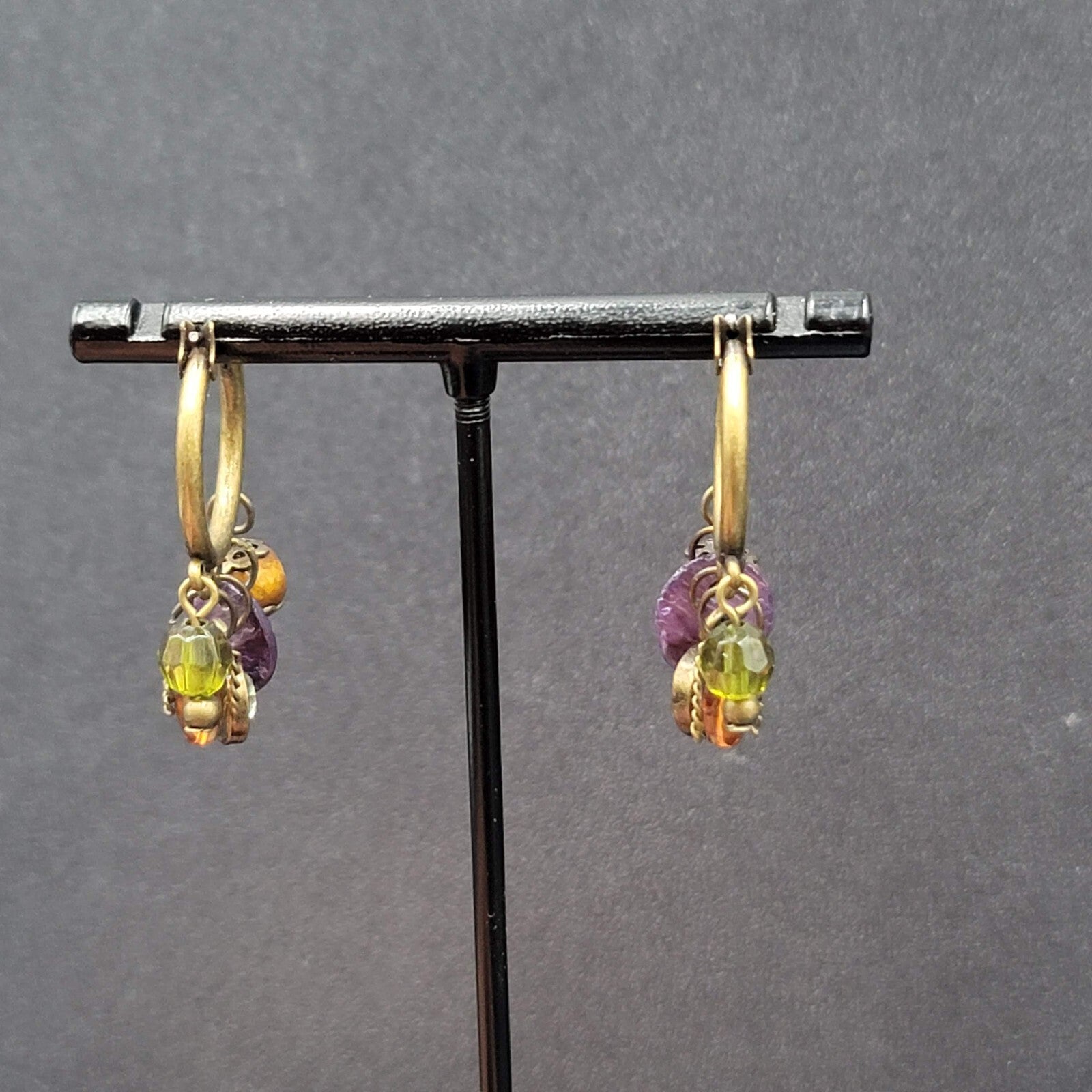 Pierced Earrings Green tone Green Orange Purple Beads Hoops 1.25"