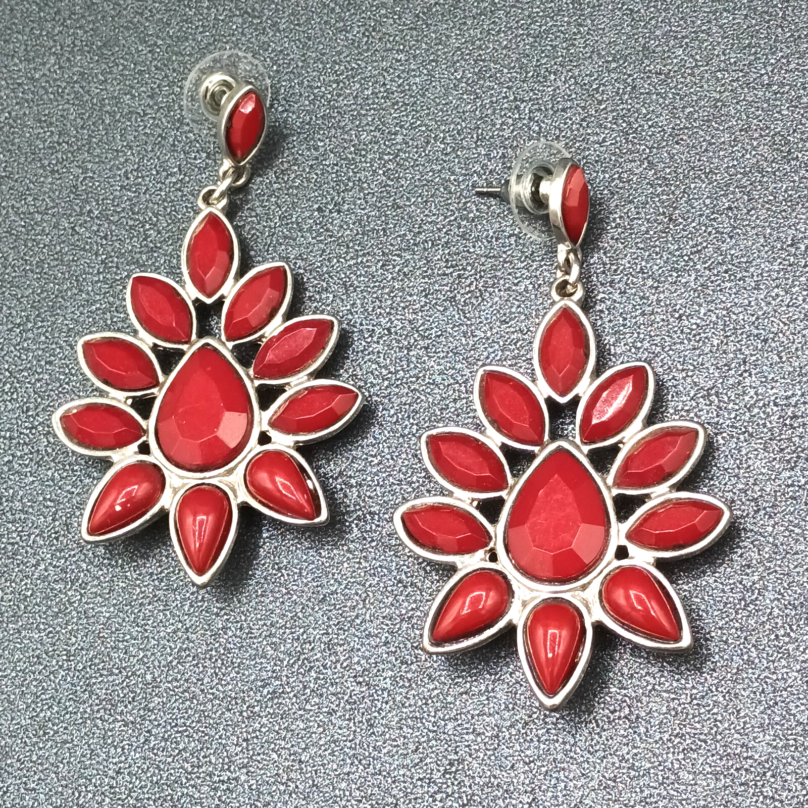 Pierced Earrings Silver tone Red Accent Chandelier Dangle 2.25"