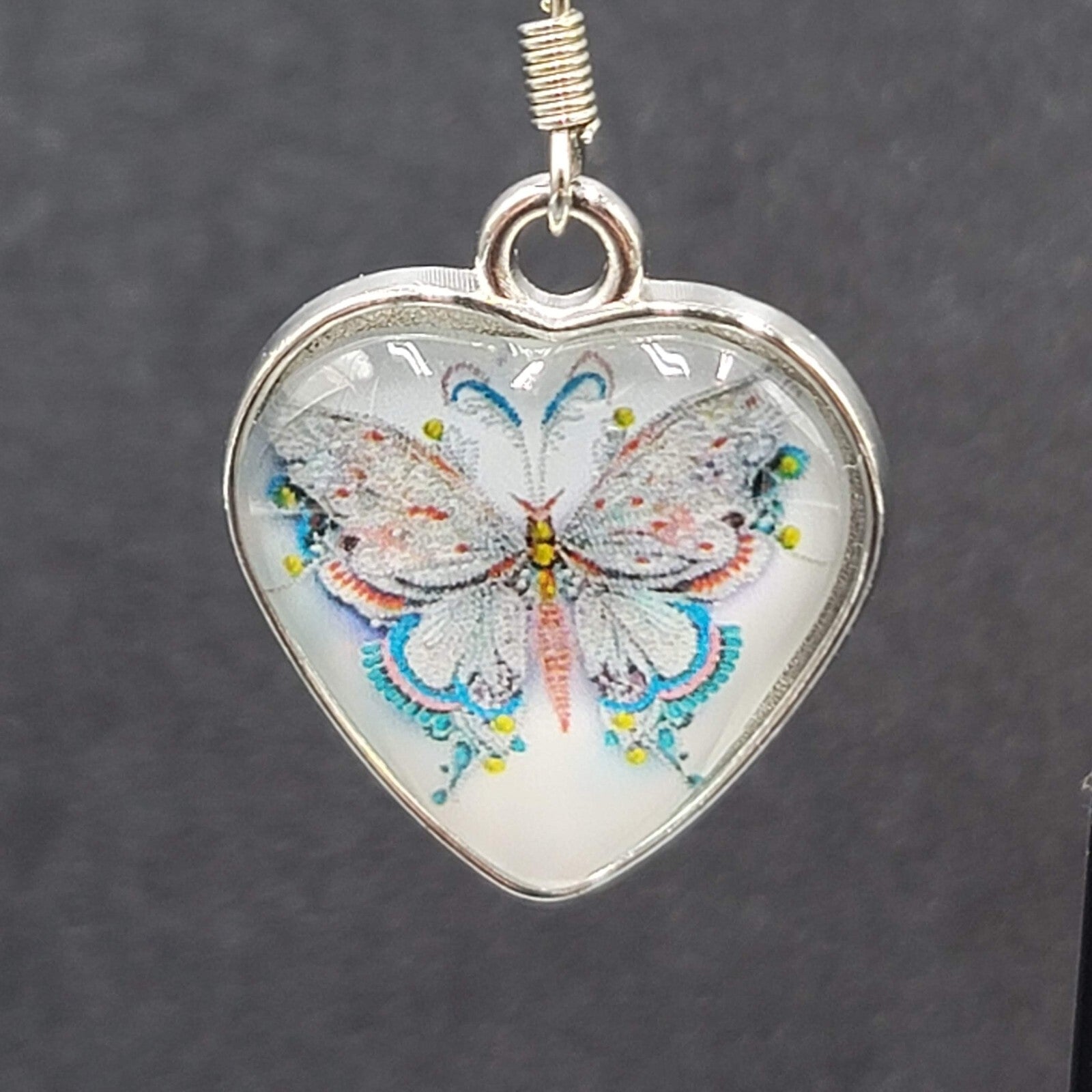 Butterfly Heart Pierced Earrings Silver tone Dangle Glass Cover 1"