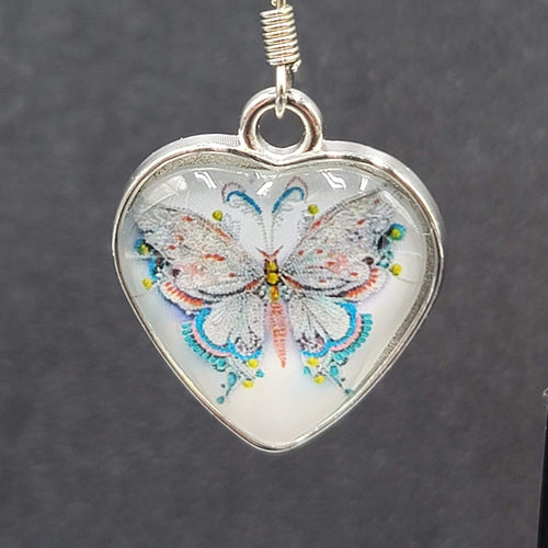Butterfly Heart Pierced Earrings Silver tone Dangle Glass Cover 1"
