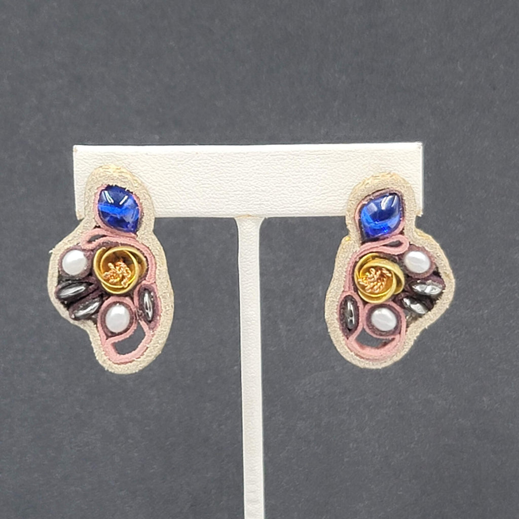 Artisan Pierced Earrings Leather Beaded Gold tone Rose Unusual Fun Drop 1.5"