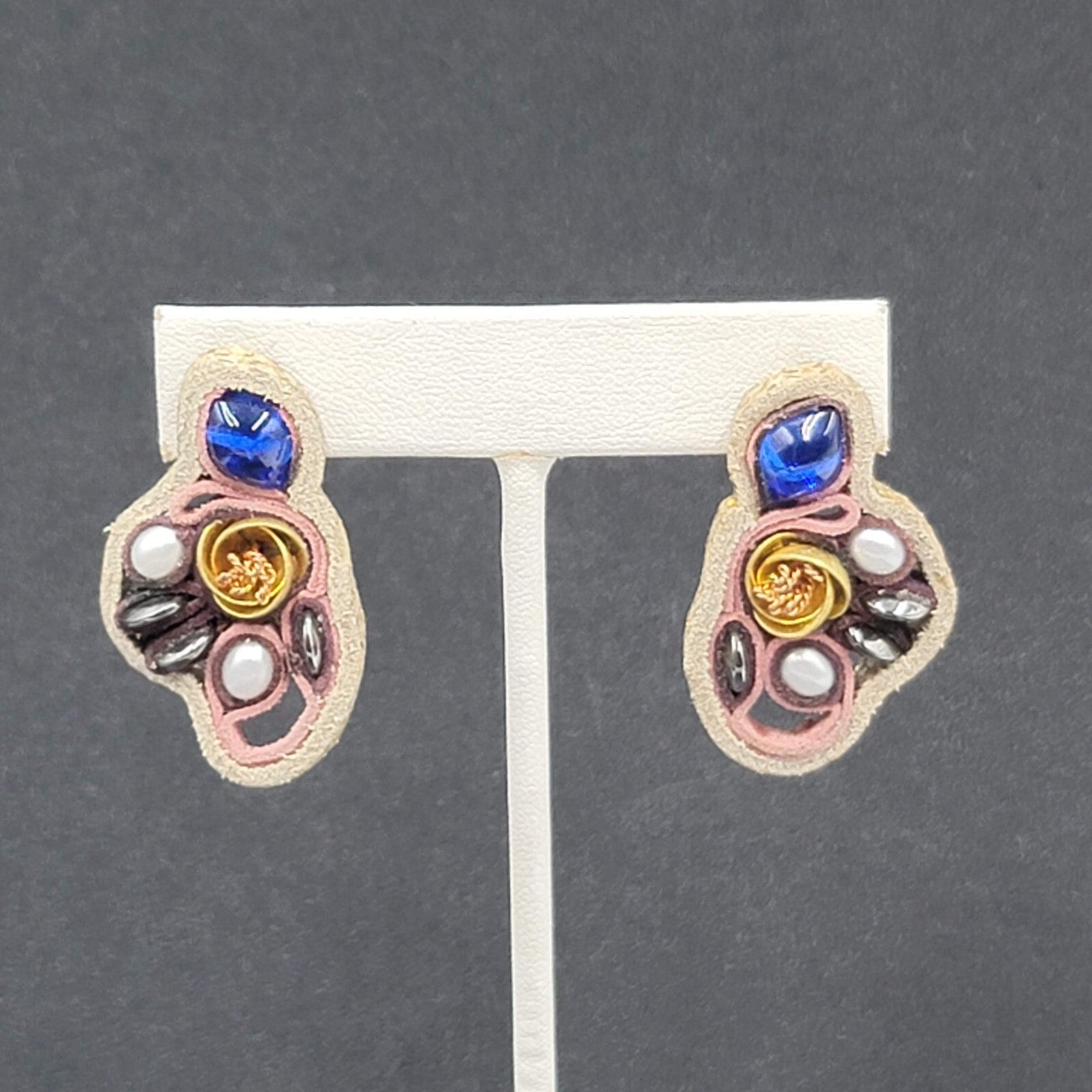 Artisan Pierced Earrings Leather Beaded Gold tone Rose Unusual Fun Drop 1.5"