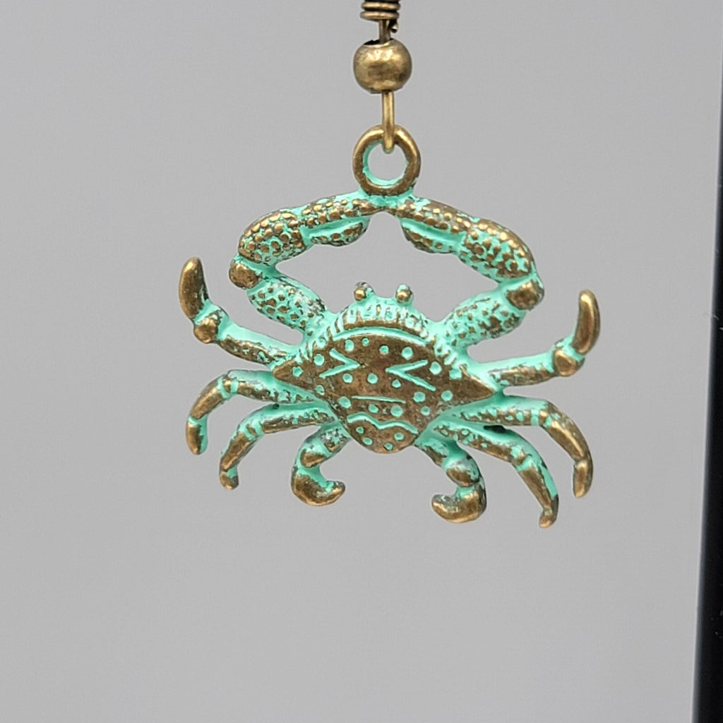 Crab Beach Sea life Pierced Earrings Bronze tone Green wash Dangle 7/8"