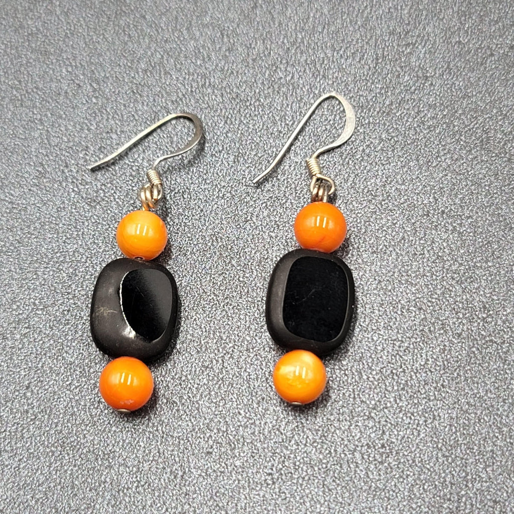 Halloween Pierced Earrings Black Orange Glass Bead Dangle 1.25"