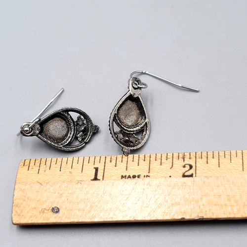 Boho Antiqued Silver tone Pierced Earrings Green Accent Yellow Rhinestone 7/8"