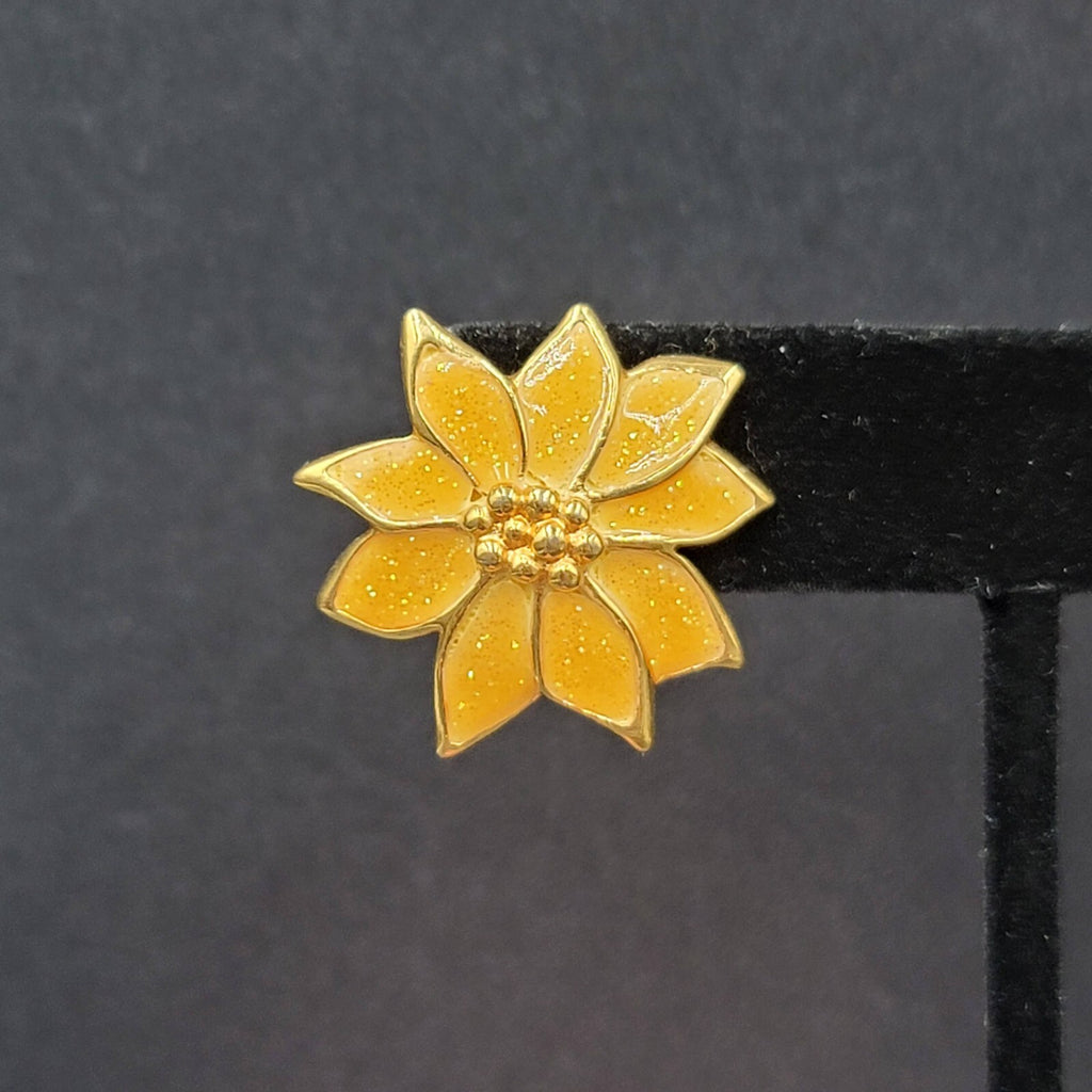 Vintage Pierced Earrings Yellow Enamel Poinsettia Flower Drop 1"