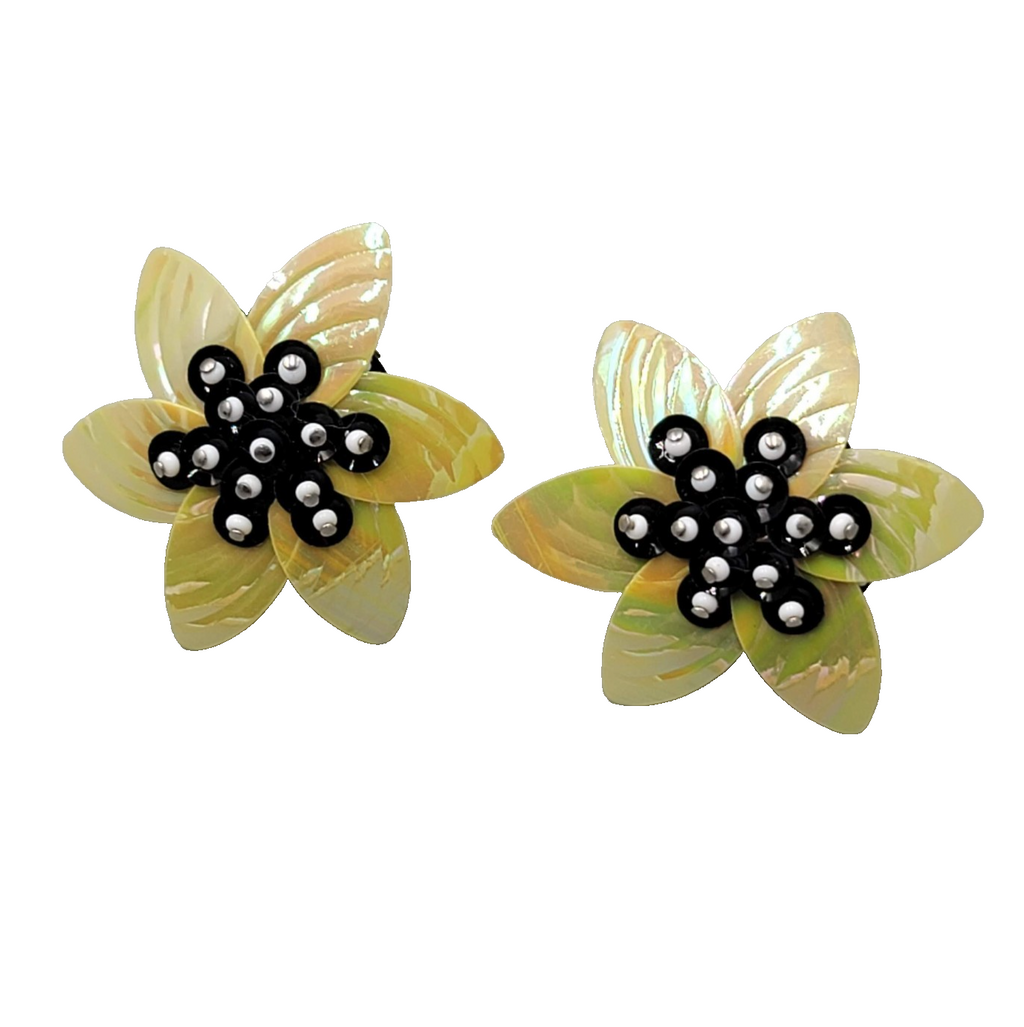 Vintage Yellow Black Flower Clip on Earrings Large Statement Drop 1.75"