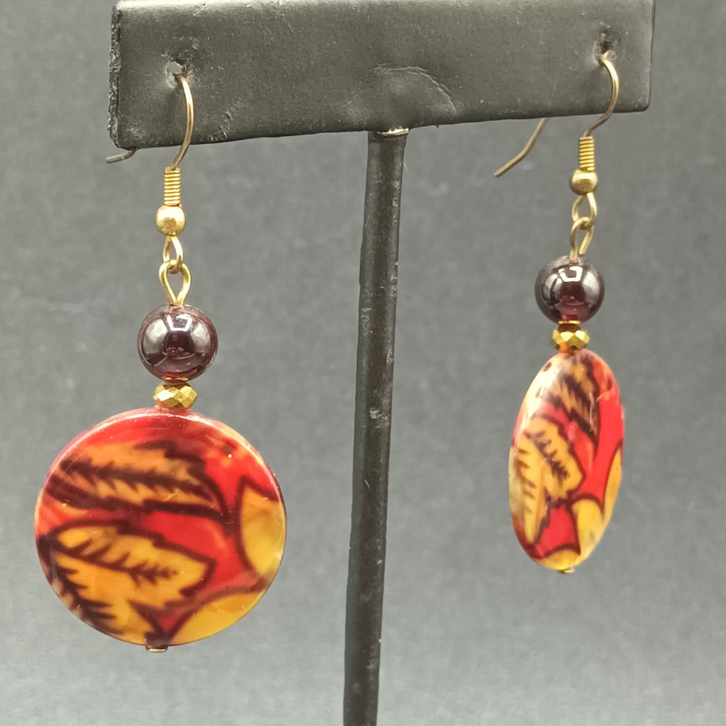 Pierced Earrings Gold tone Multicolor Acrylic Round Leaf Bead Dangle 1 1/2"