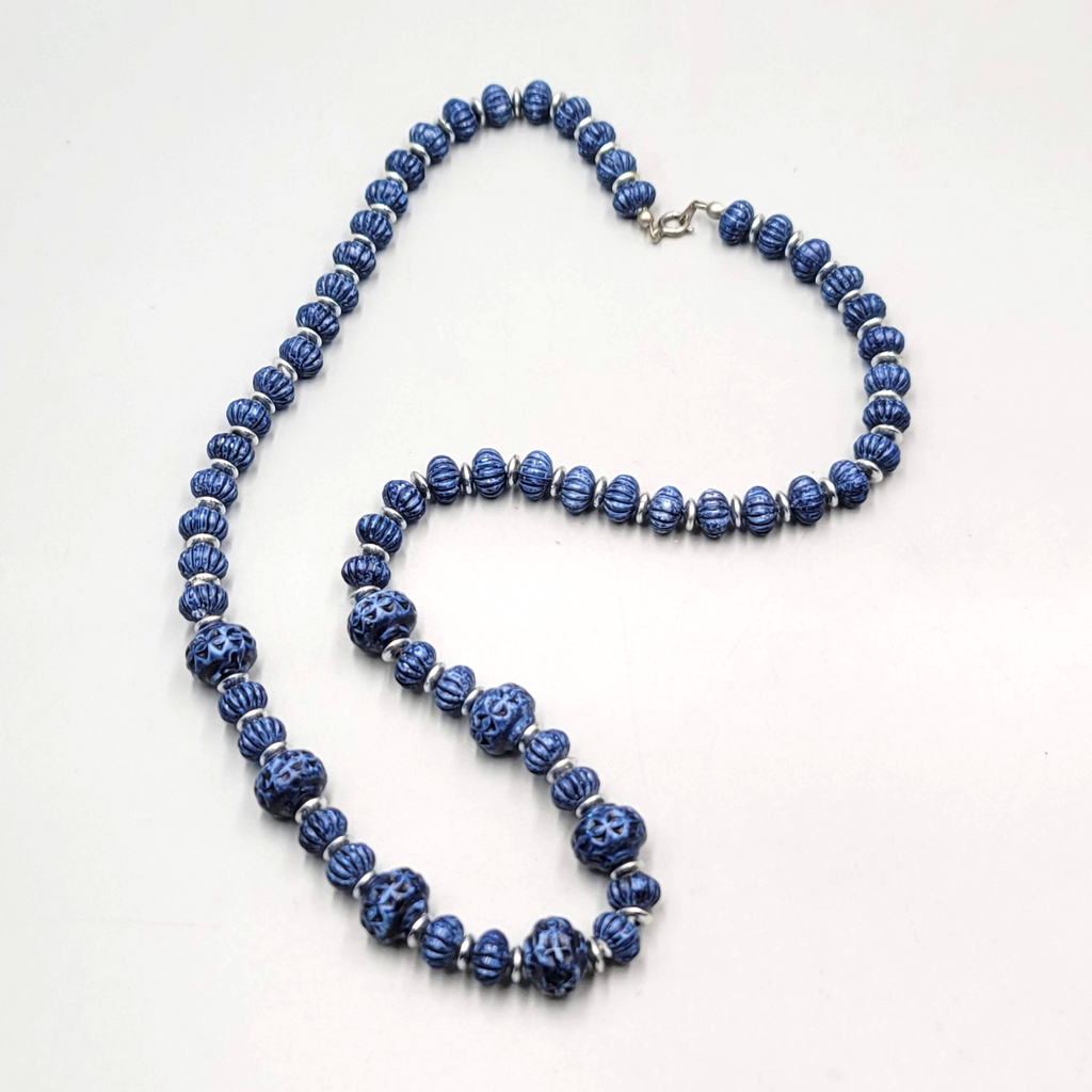 Vintage Textured Blue Bead Necklace Silver tone Spacers 24"