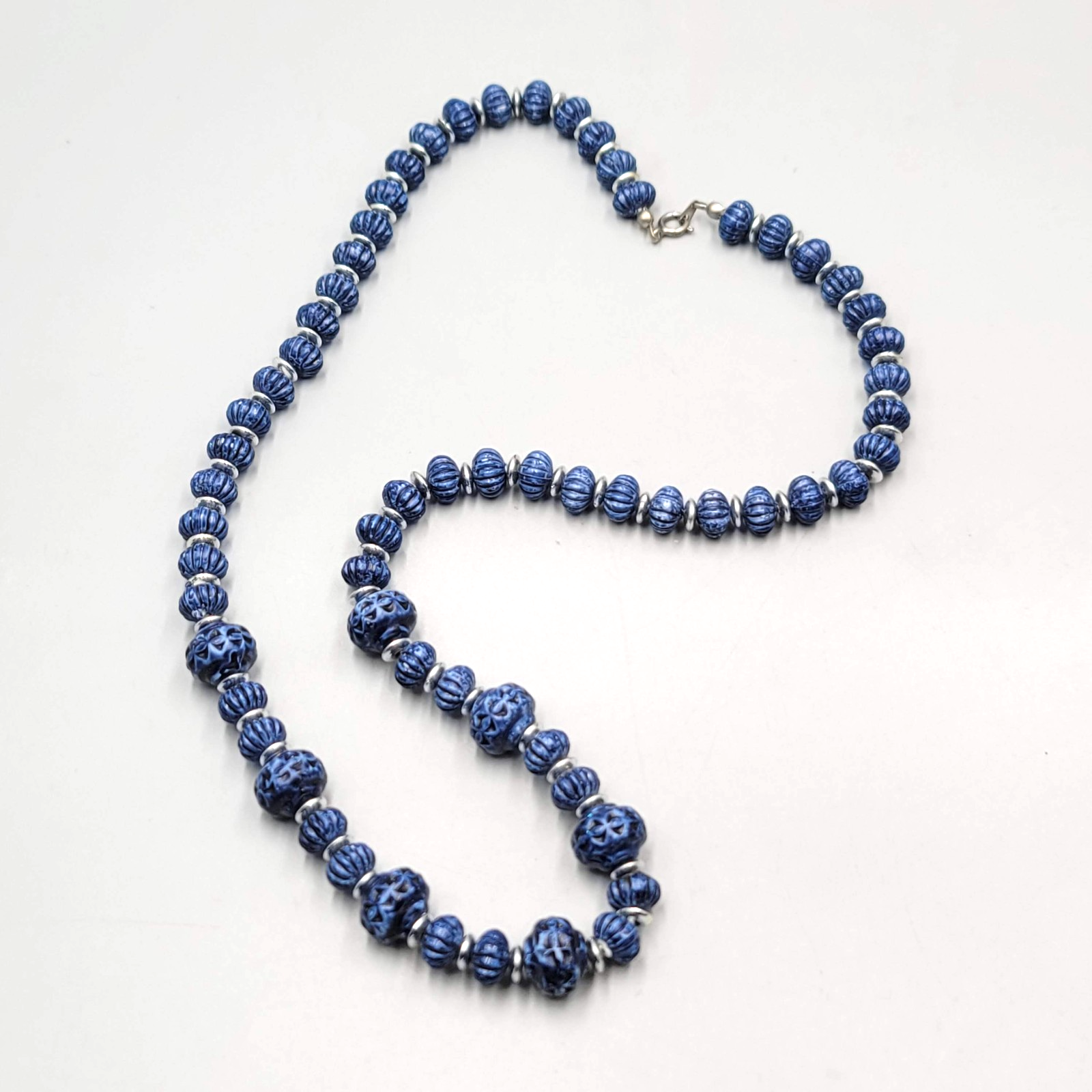 Vintage Textured Blue Bead Necklace Silver tone Spacers 24"