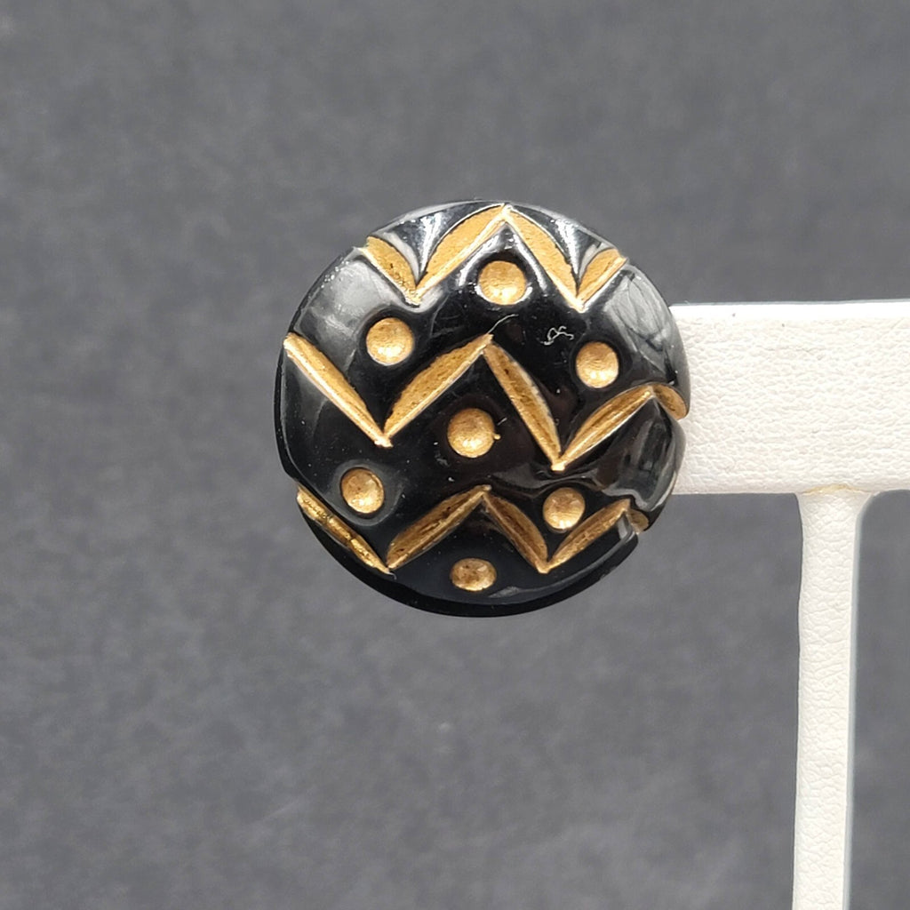 Vintage Pierced Earrings Wood Black Gold Painted Dome Button Stud  1.25"