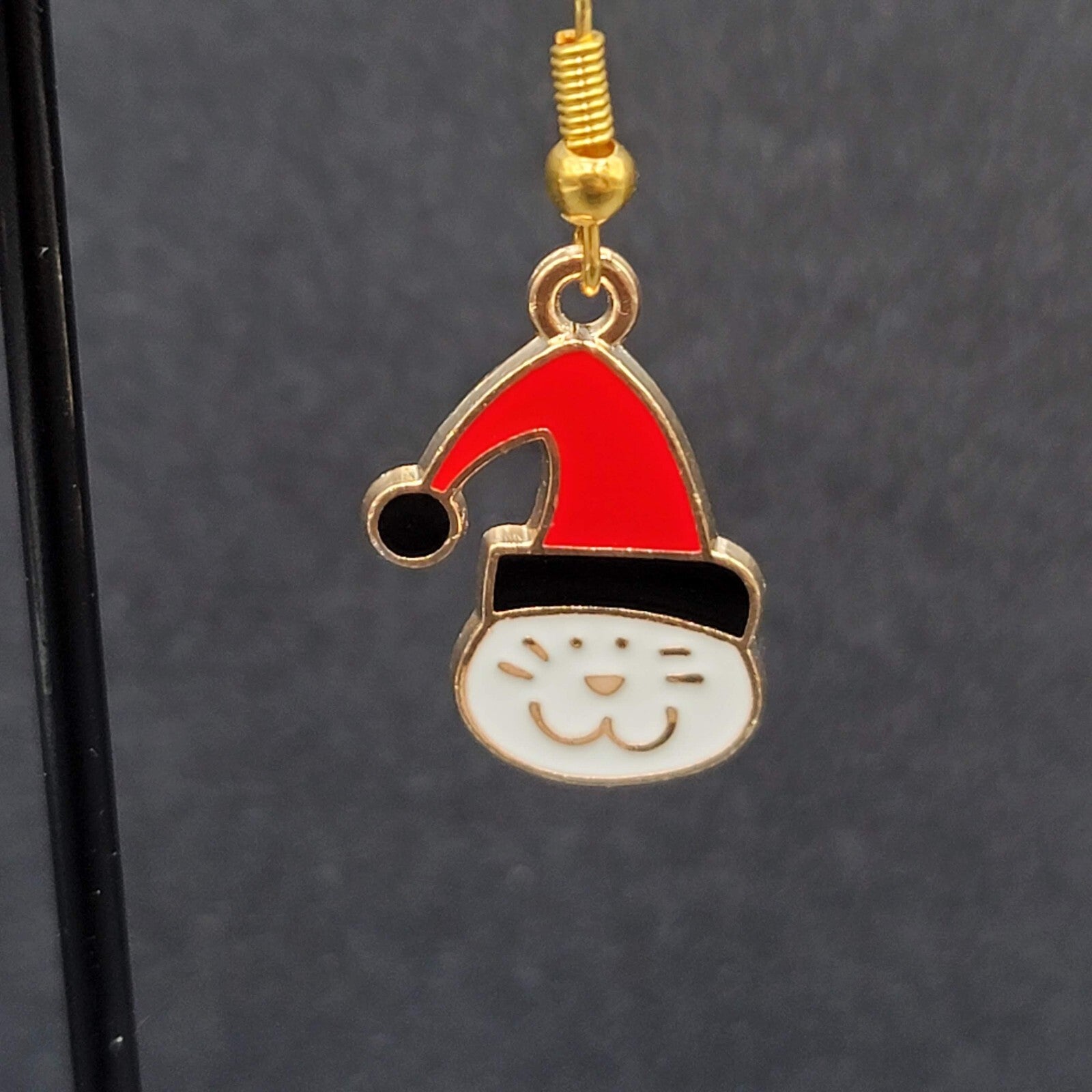 Christmas Kitty Cat Red Cap Pierced Earrings Gold tone Enamel Dangle 7/8"