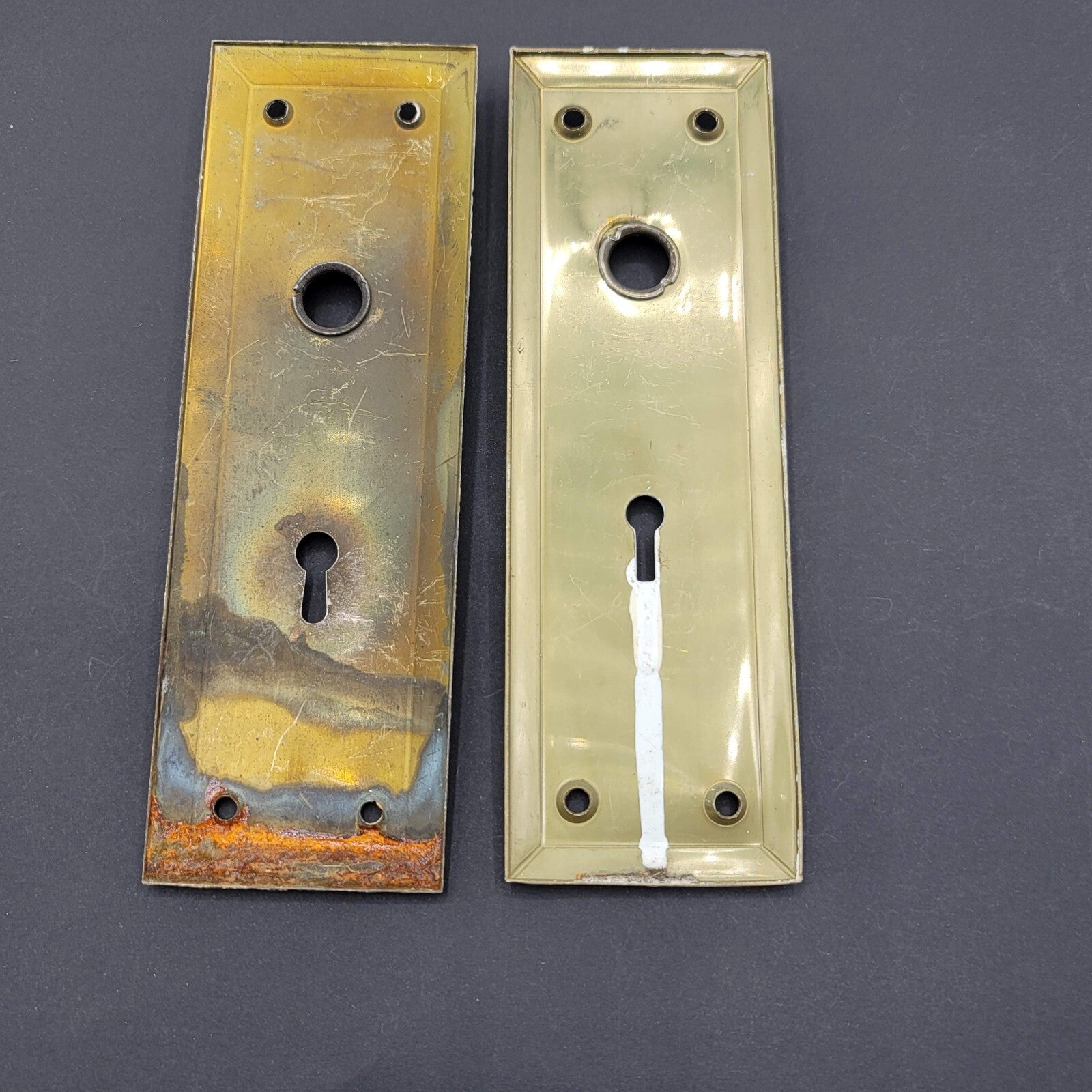 Vintage PAIR Brass Rectangle Doorknob Back Plates Shabby Painted White