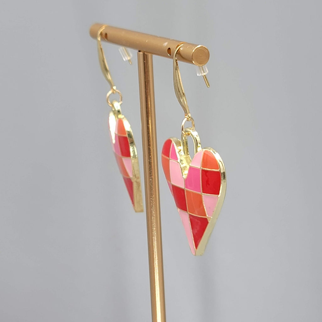 Pink Enamel Checkered Heart Pierced Earrings Gold tone Dangle Large 1.5"