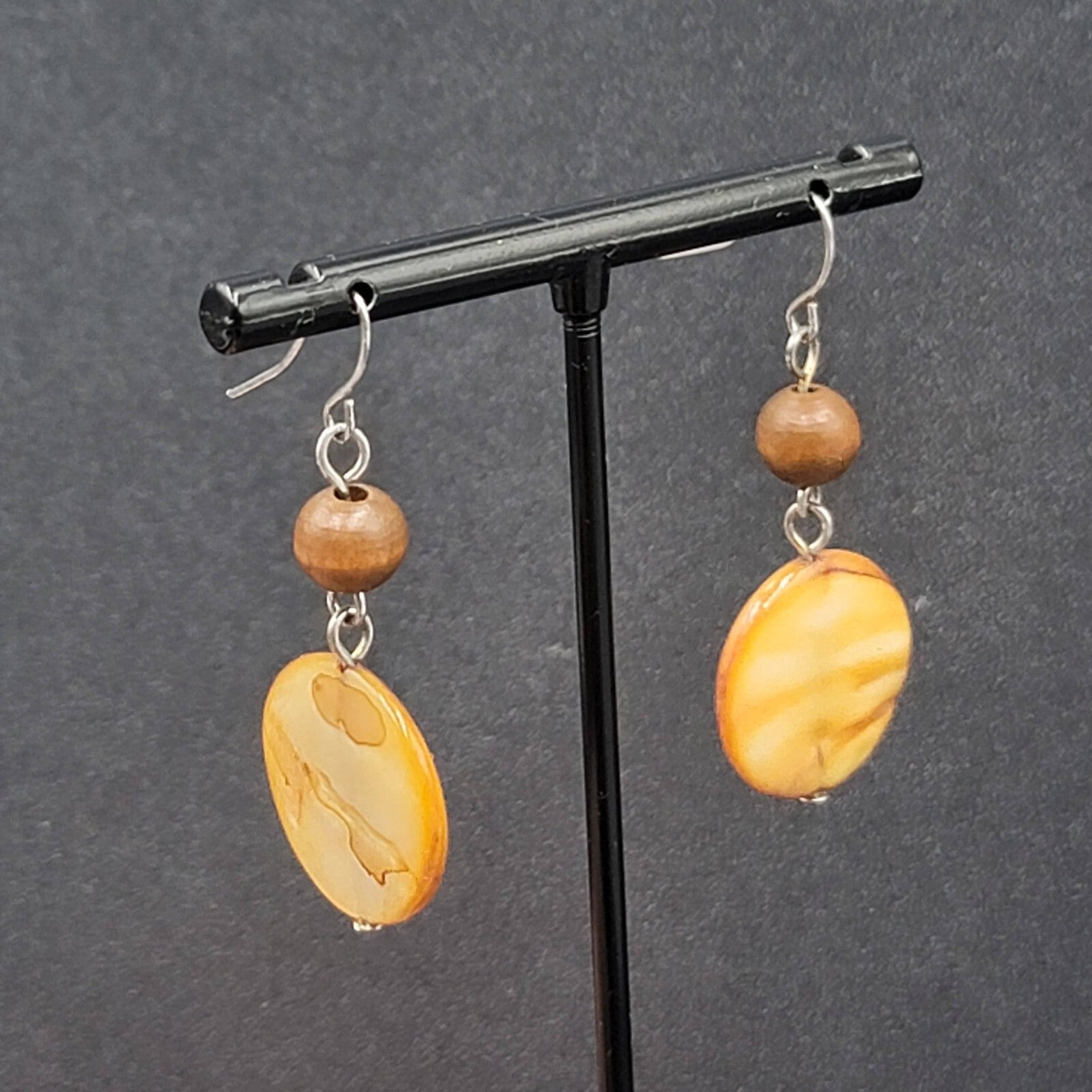 Pierced Earrings Silver tone Wood Bead Brown Round Shell Dangle 1.5"