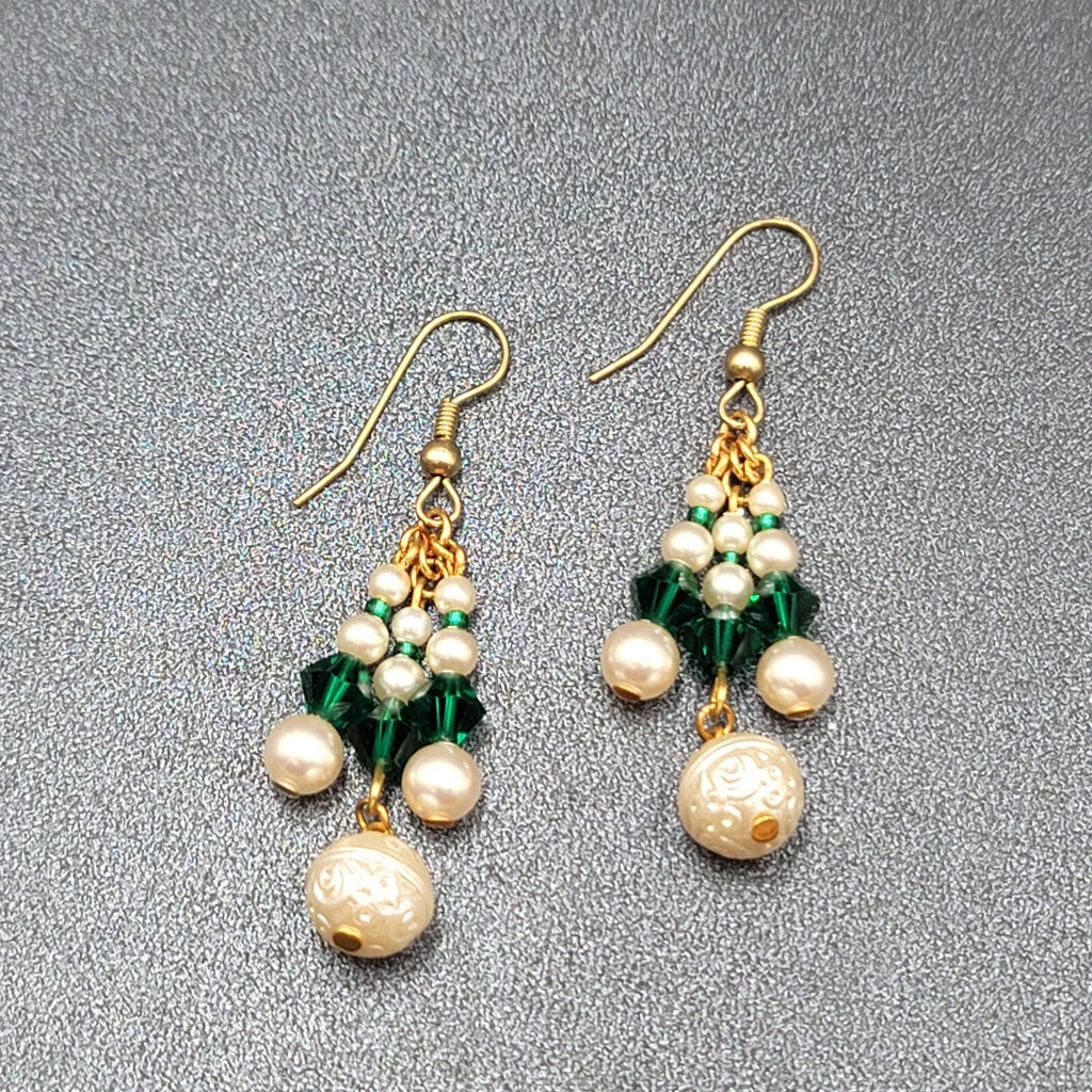 Vintage Pierced Earrings Faux Pearl Green Crystal Beads Dangle 1.5"