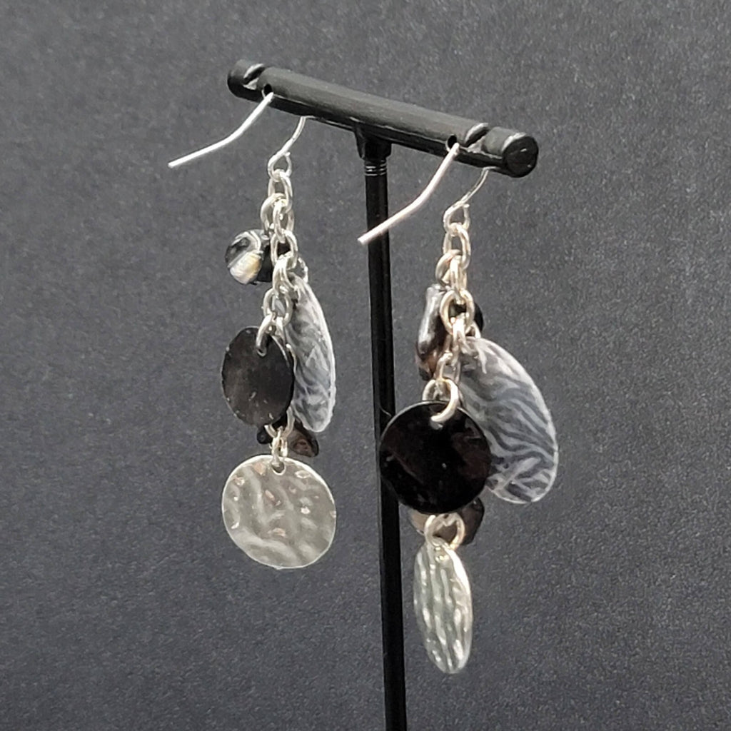 Pierced Earrings Silver tone Dangle Black Shell Beads 2"