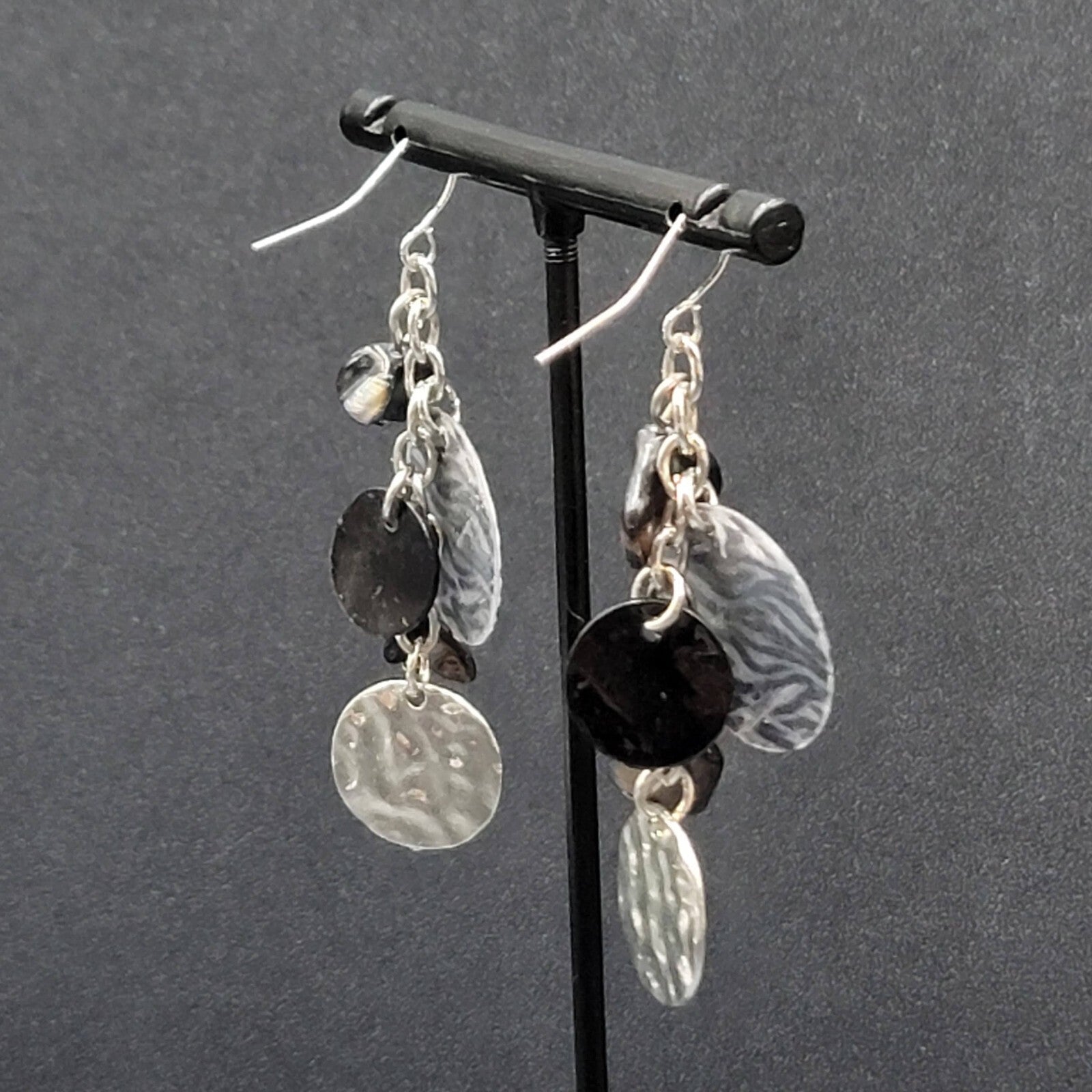 Pierced Earrings Silver tone Dangle Black Shell Beads 2"