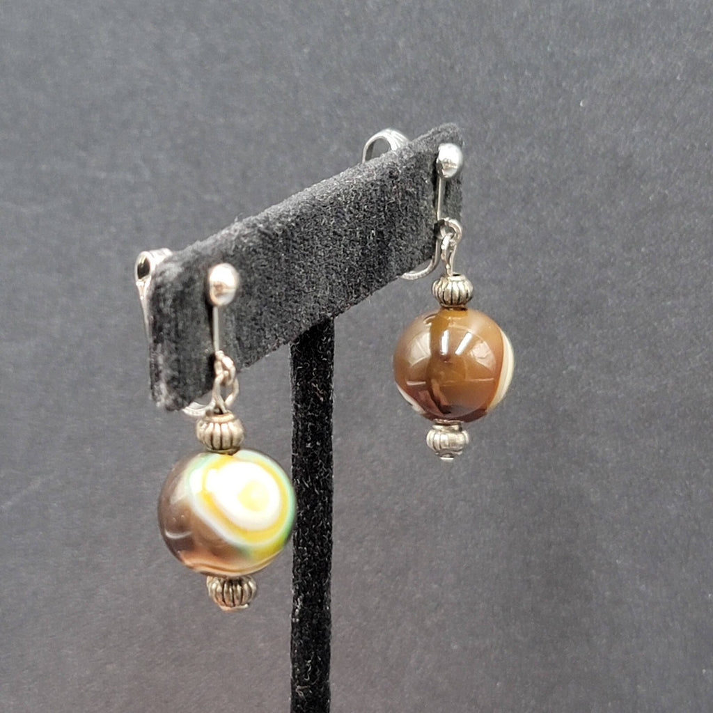 Clip on Earrings Silver tone Slag Glass Marble Bead Dangle 1"