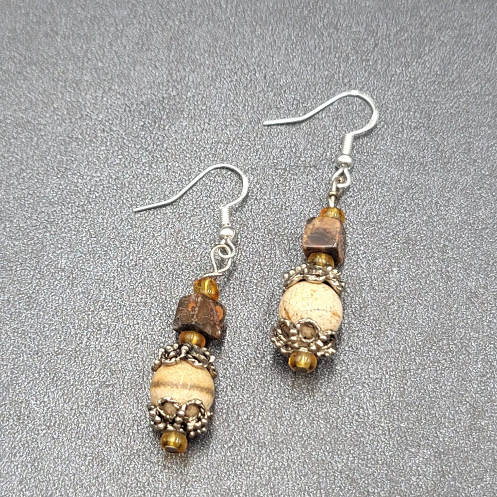 Pierced Earrings Agate Stone Beads Sterling Silver Hooks 1.25"