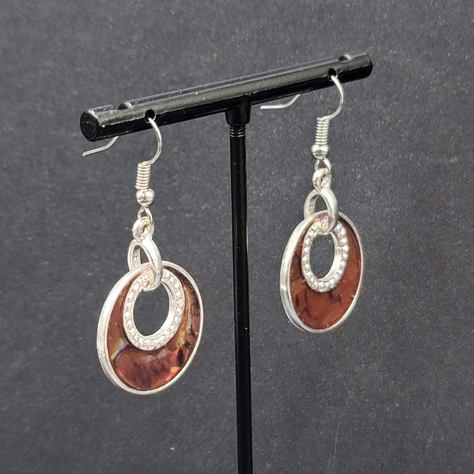 Pierced Earrings Silver tone Faux Abalone Dangle Open Circle 1"