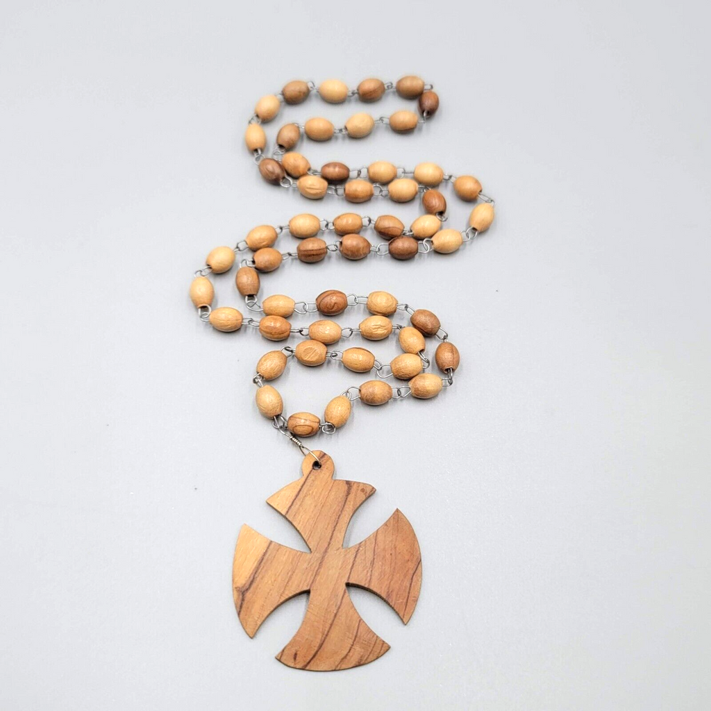 Vintage Wood Cross Bead Necklace Estate Costume Jewelry 26"