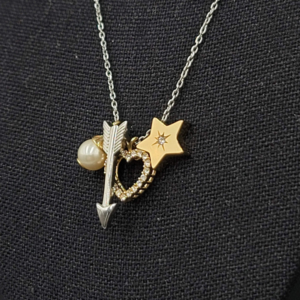 Fossil Charm Pendant Necklace Silver tone Heart Arrow Star Crystals 16"-18"