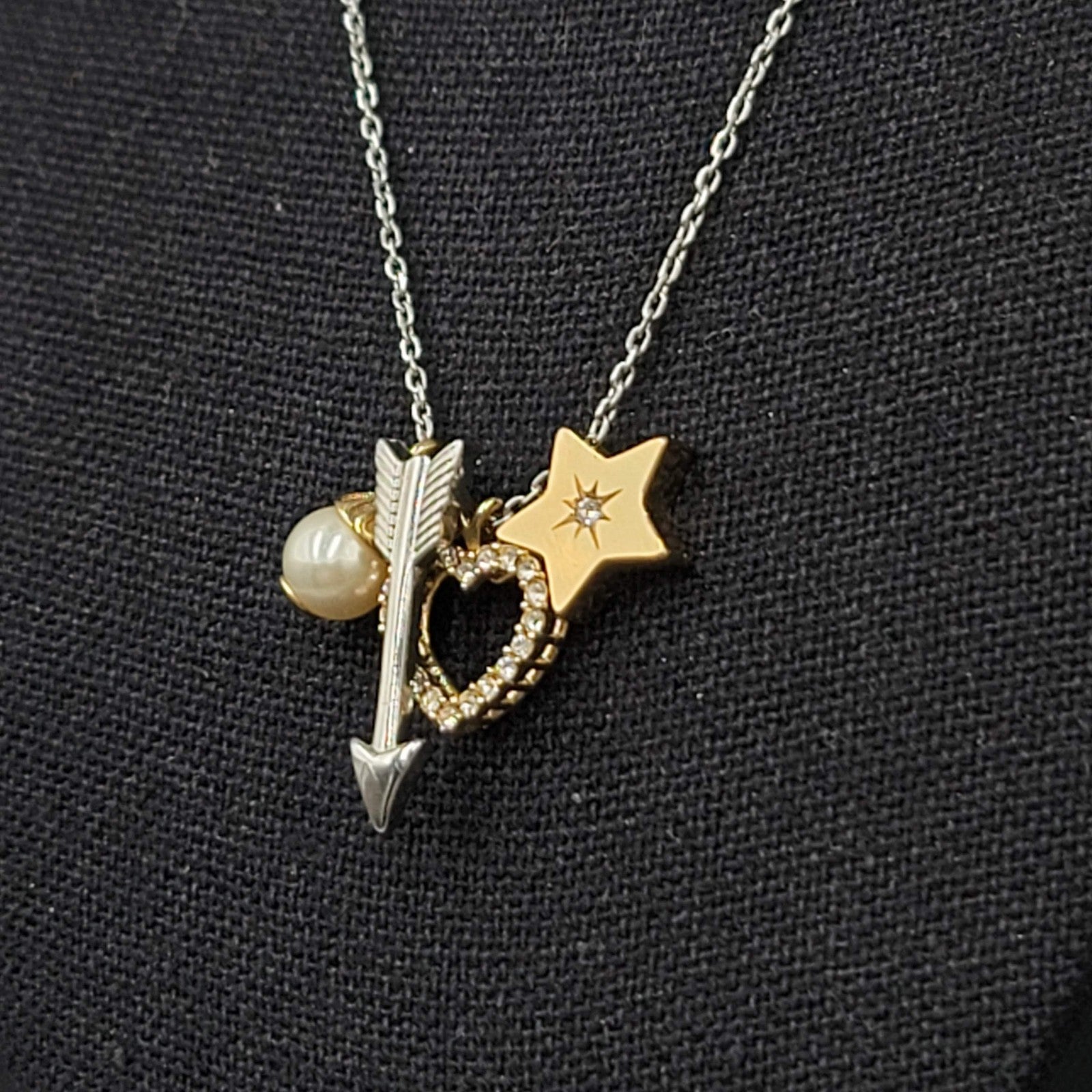 Fossil Charm Pendant Necklace Silver tone Heart Arrow Star Crystals 16"-18"