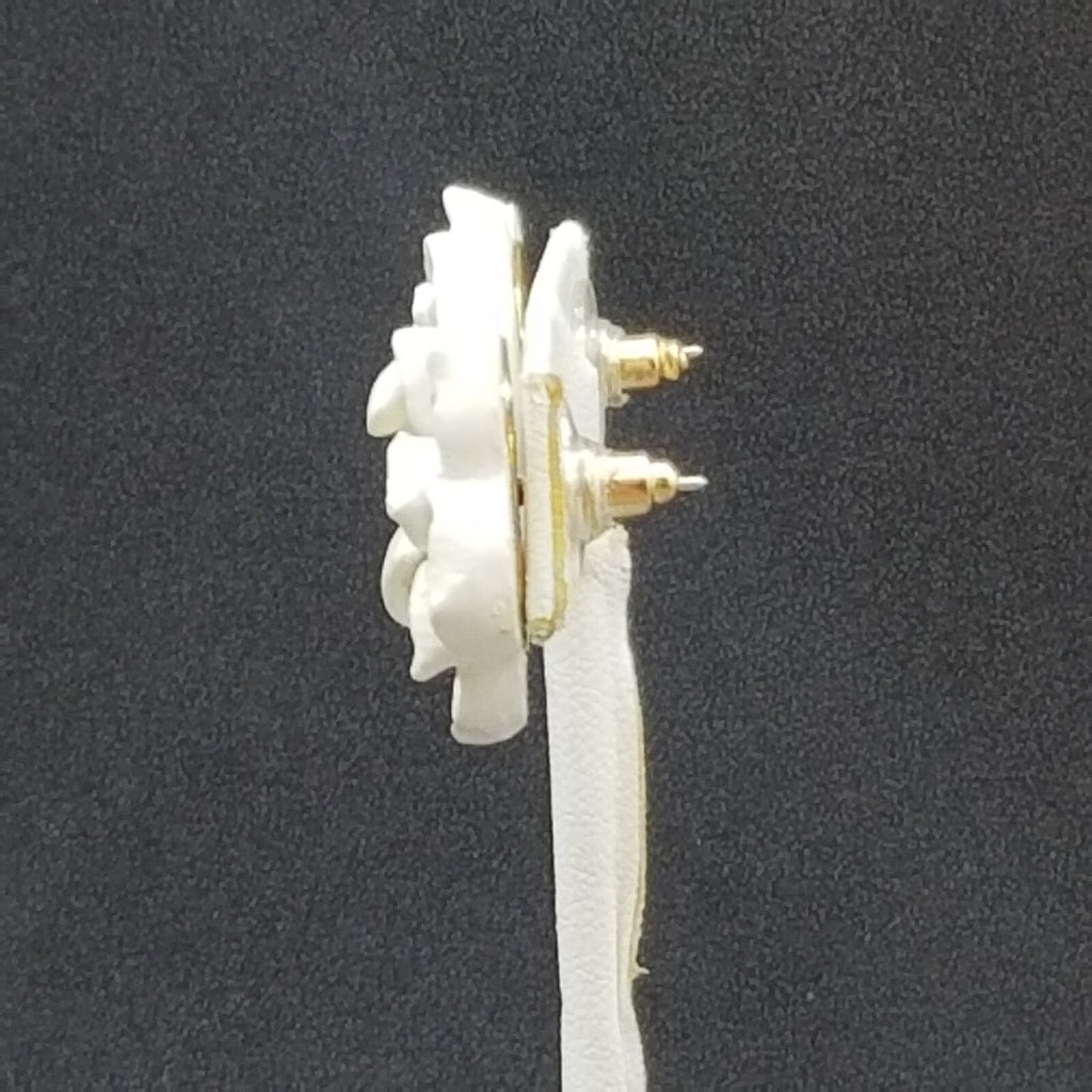 Pierced Earrings White Resin Flower Crystal Accent Stud 1"