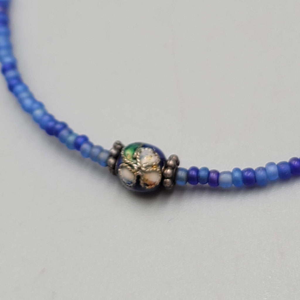 Cloisonne Bead Necklace Blue Seed Bead Minimalist 22"
