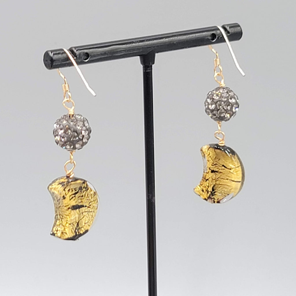 Dichroic Glass Moon Pierced Earrings Gold tone Rhinestone Dangle 1.5"