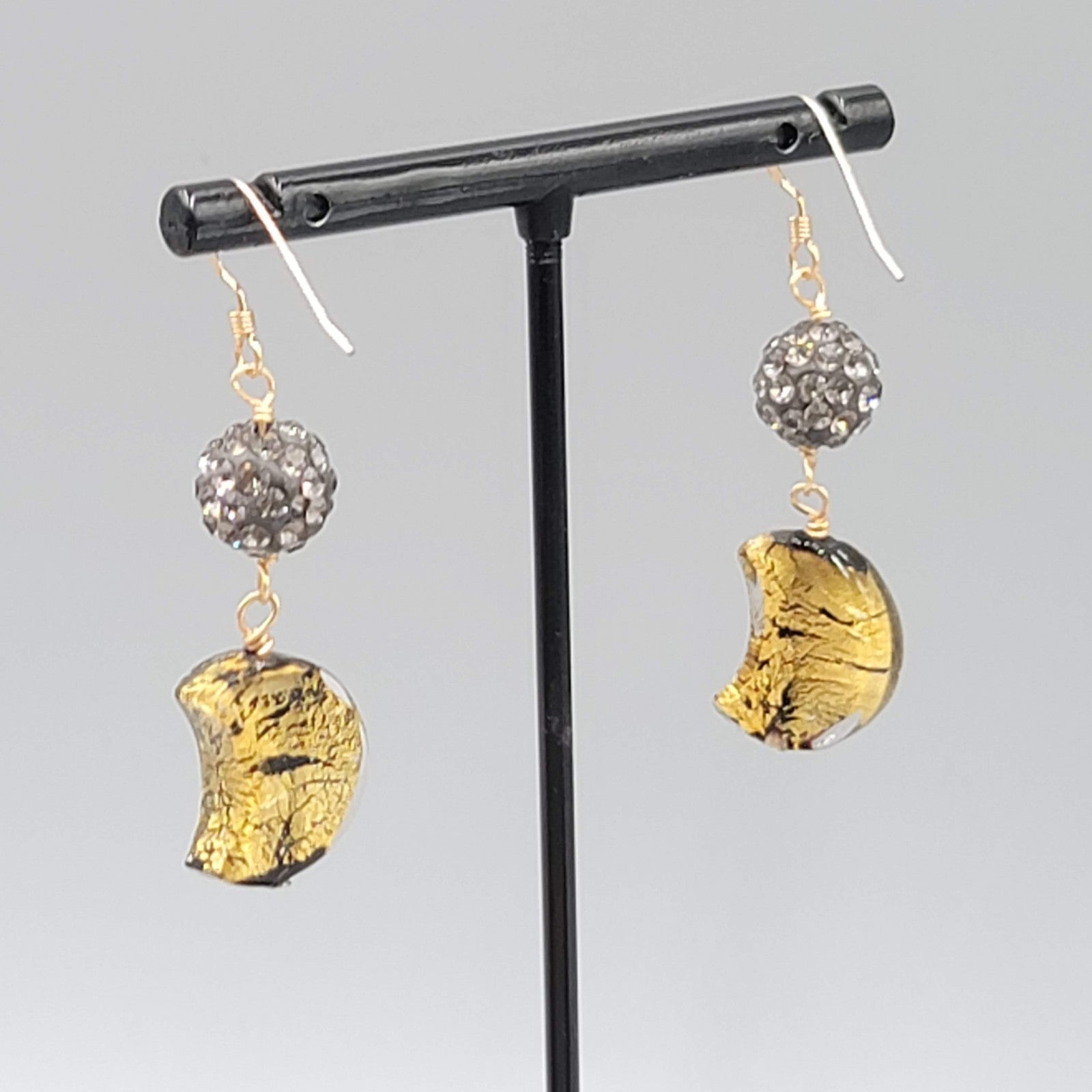 Dichroic Glass Moon Pierced Earrings Gold tone Rhinestone Dangle 1.5"