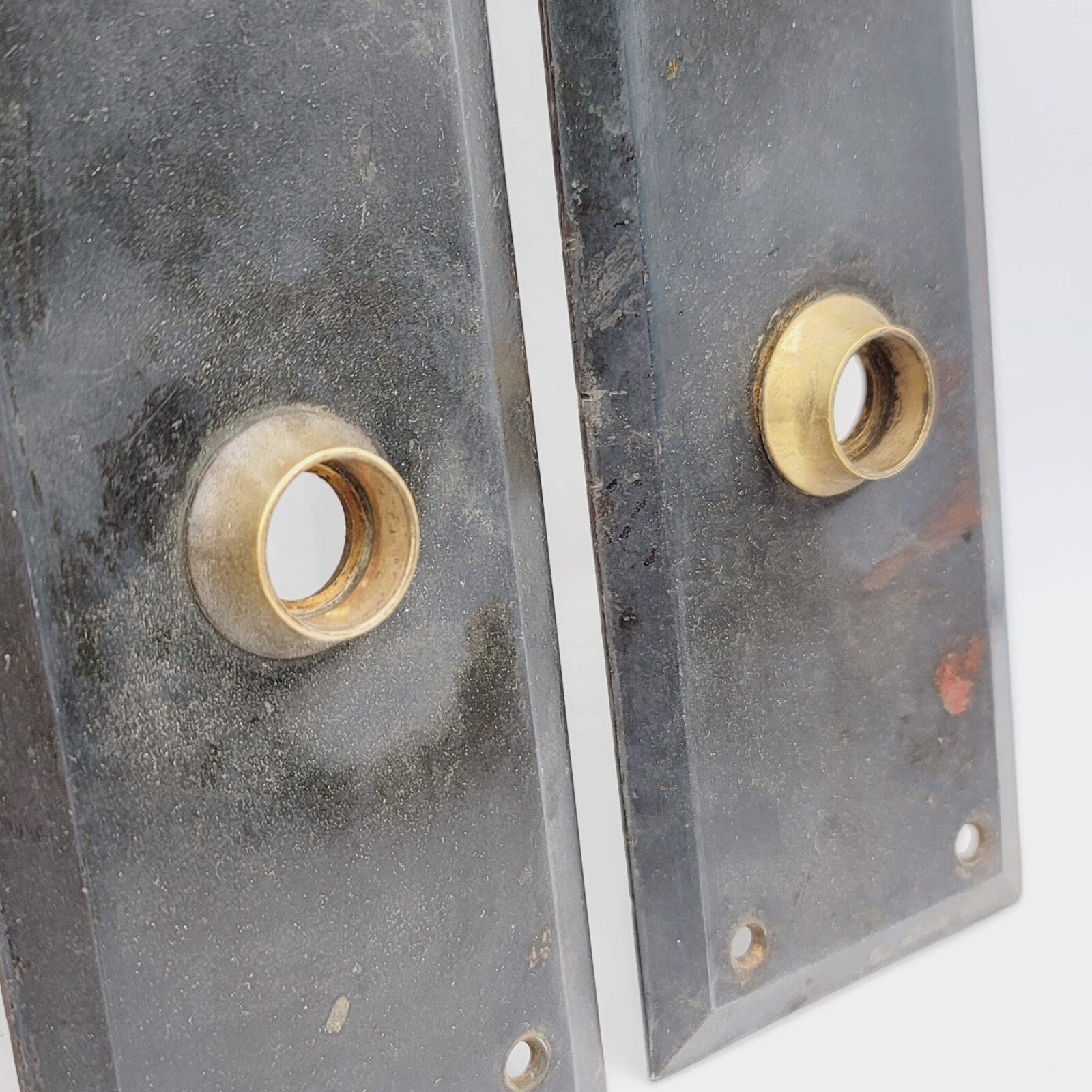 Lot of 3 Vintage Steel Exterior Doorknob Back Plate 10" x 3" holes 3 3/4"