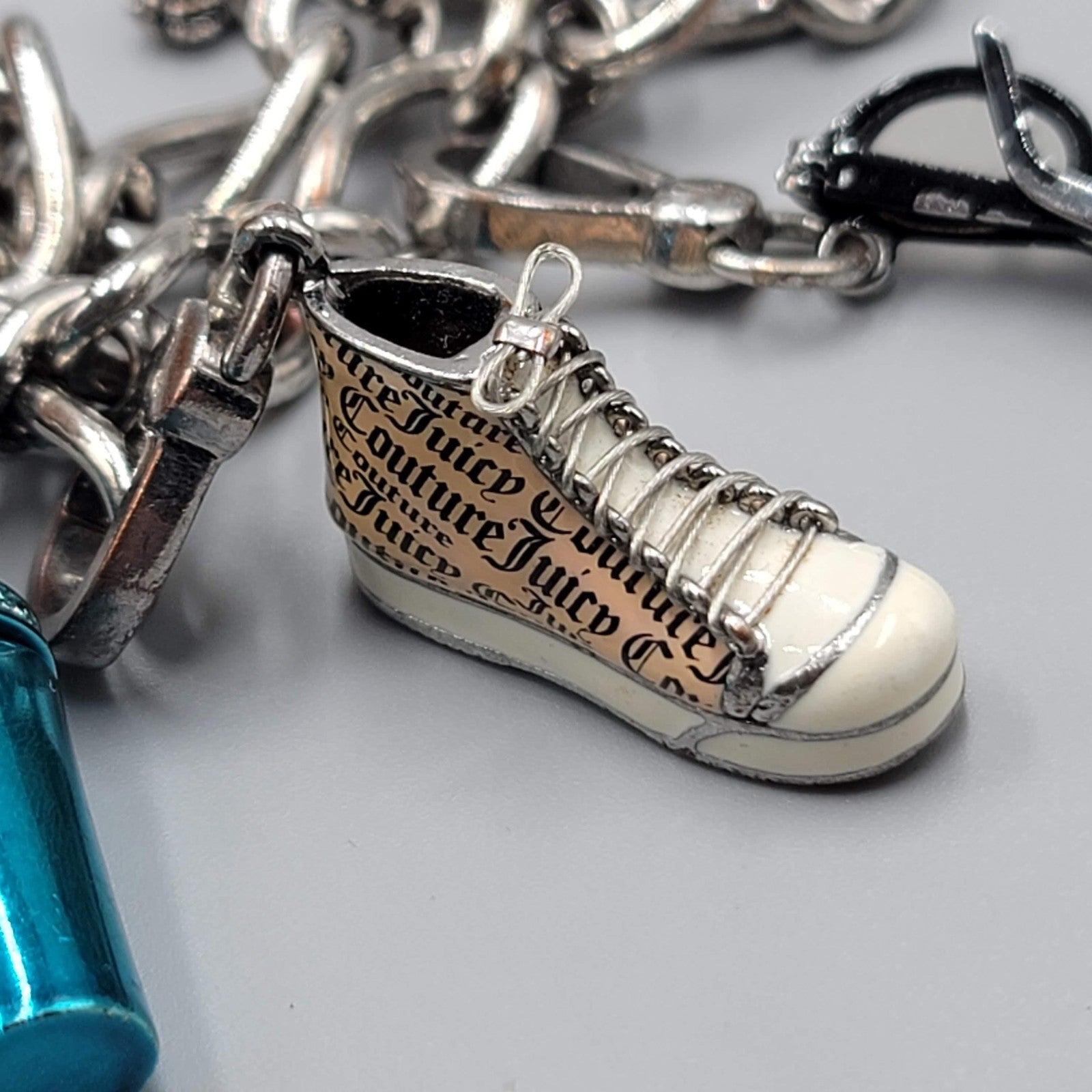 Juicy Couture Charm Bracelet Silver Tone Heart Lock Sneaker Glasses Cocktail 6"