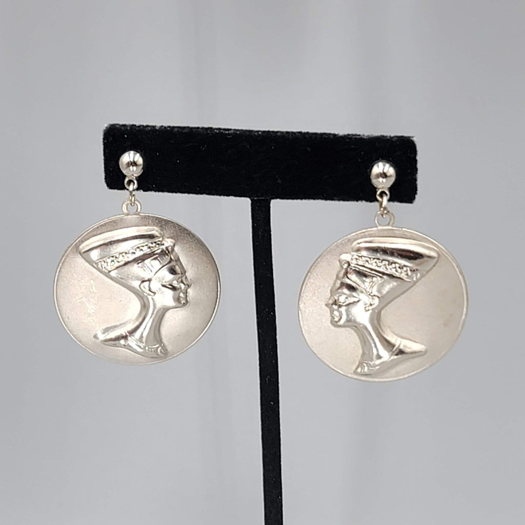 Vintage Egyptian Motif Pierced Earrings Silver tone Dangle Round 1.5 in