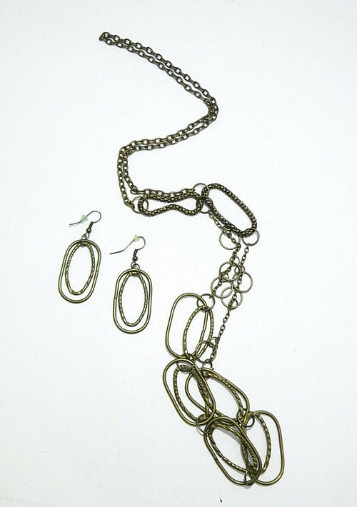 Bronze tone Modern Link Chain Necklace Set with Pierced Earrings 32"