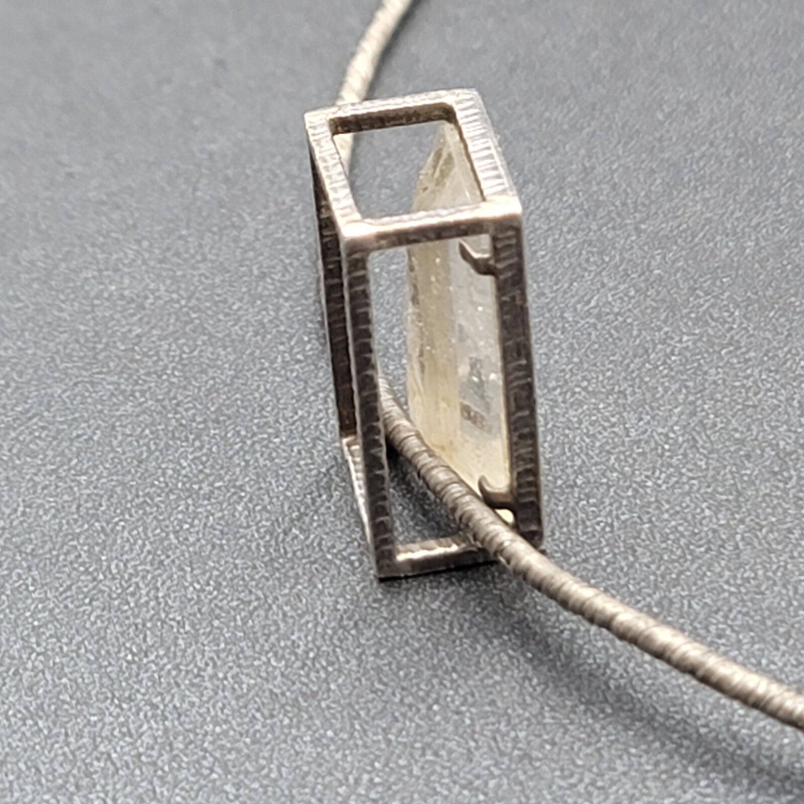 Quartz Crystal Necklace Unique Silver tone Caged Pendant Modernist Look 16.25"