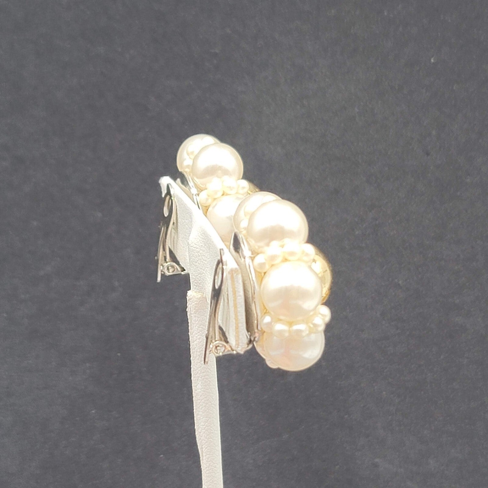 Vintage Clip on Earrings Gold tone Faux Pearl Cluster Flower 1 1/8" Lightweight
