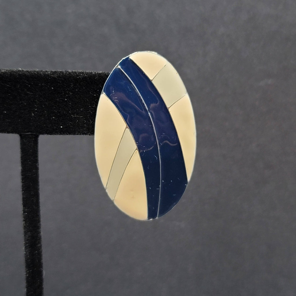 Vintage Pierced Earrings Tan Blue Oval Enamel Drop 1.5"