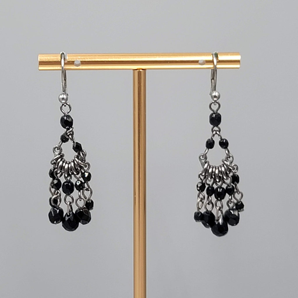 Chandelier Black Bead Pierced Earrings Silver tone Dangle 1.5"