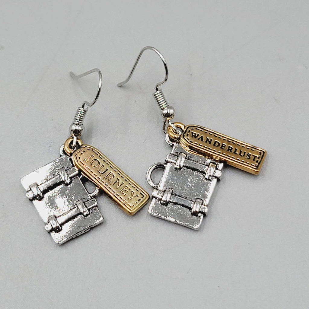 Travel Theme Pierced Earrings Suitcase JOURNEY WANDERLUST Two Toned Dangle 1"