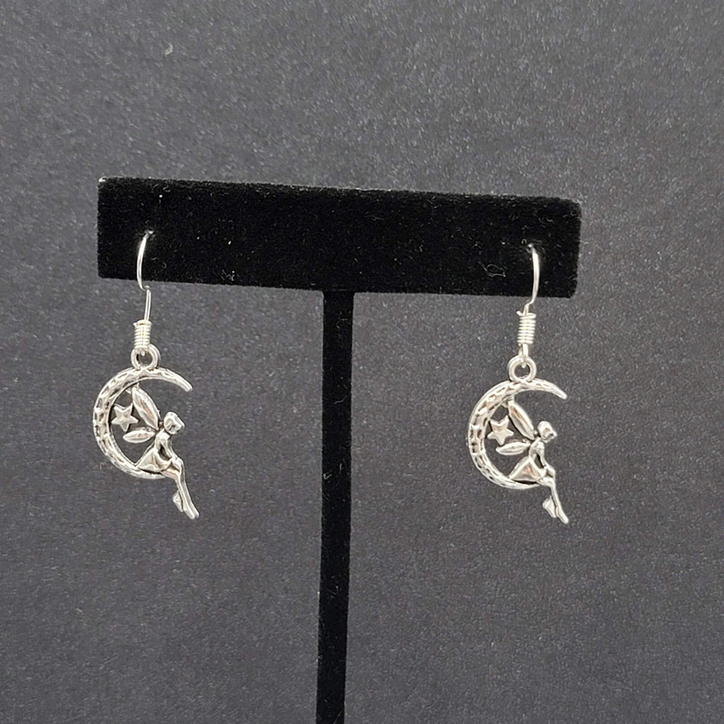 Fairy Moon Pierced Earrings Silver tone Dangle  1"