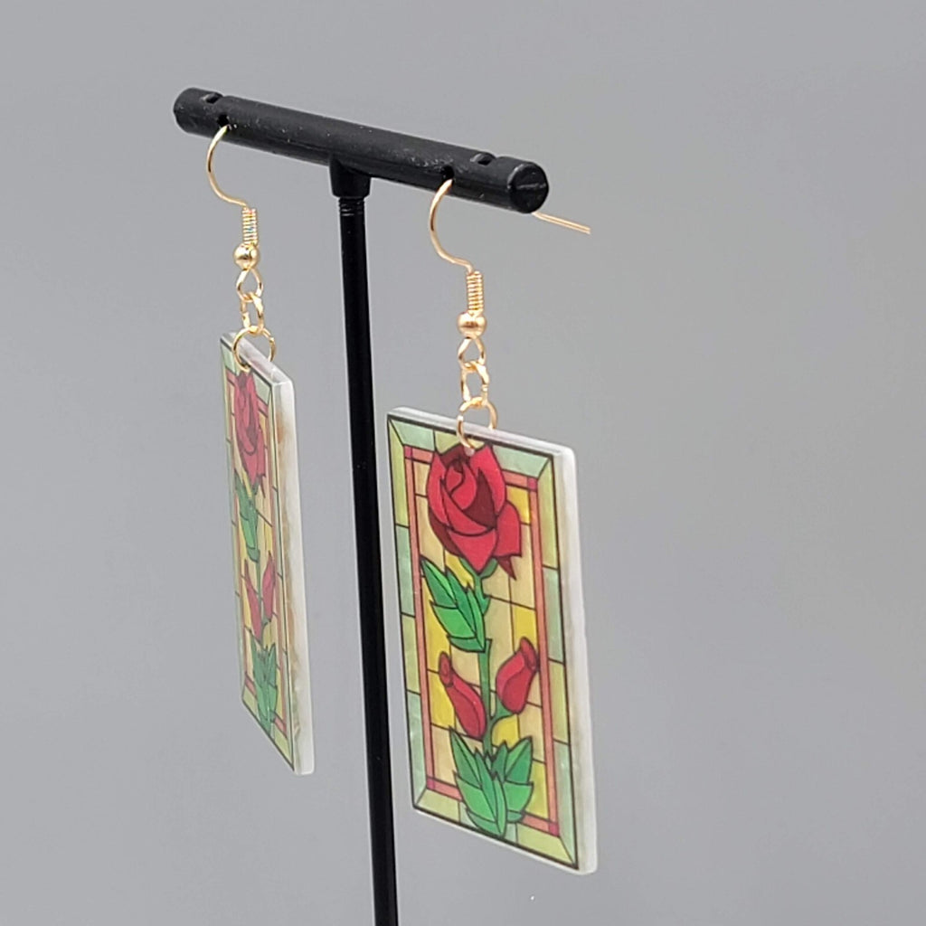 Stained Glass Look Pierced Earrings Rose Rectangle Acrylic Gold toneDangle 1.75"