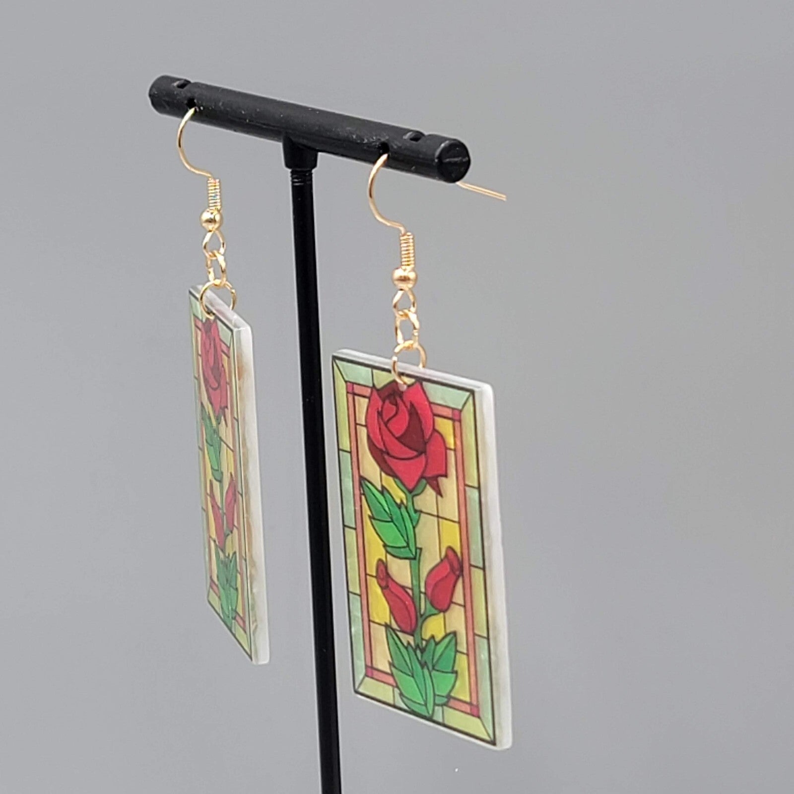 Stained Glass Look Pierced Earrings Rose Rectangle Acrylic Gold toneDangle 1.75"