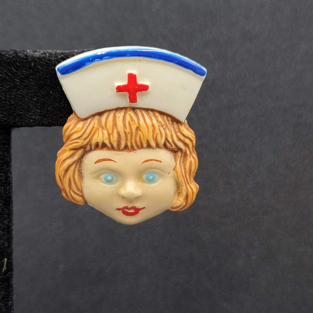 Vintage Pierced Earrings Acrylic Nurse Face Medical Fun Gift 1 3/8"