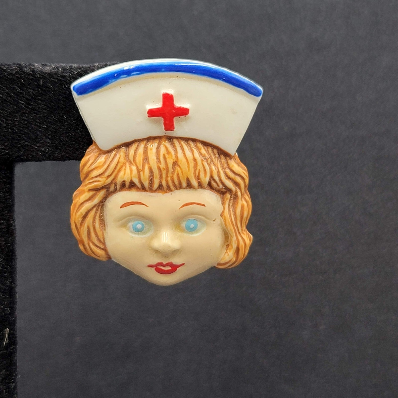 Vintage Pierced Earrings Acrylic Nurse Face Medical Fun Gift 1 3/8"